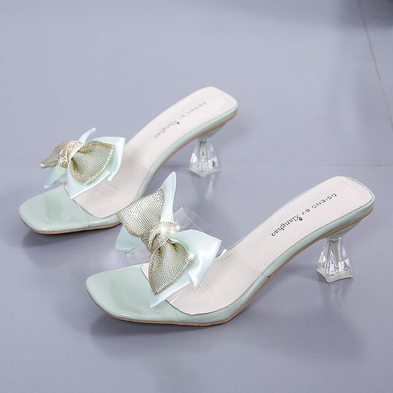 Women Slippers Slides Strange High Heels Women Shoes Mules Solid Butterfly Knot Crystal Summer Slippers Plus Size