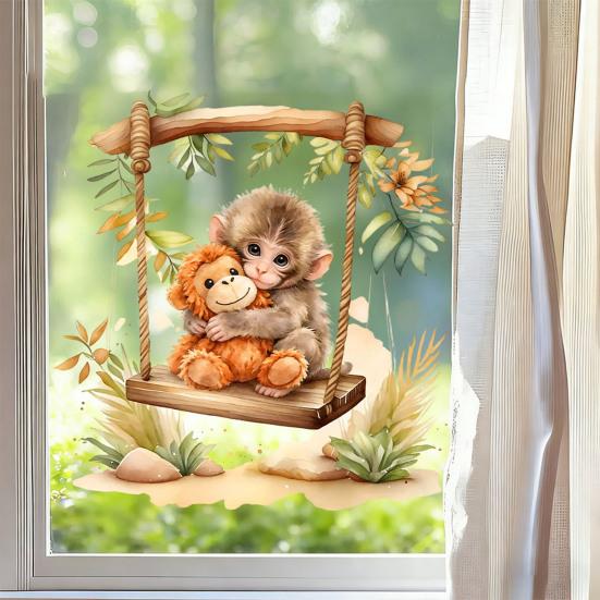 Affen Fenstertattoo Niedlicher Babyaffe PVC-Aufkleber Wiederverwendbare Statische Glasaufkleber für Wohnzimmer Heimdeko