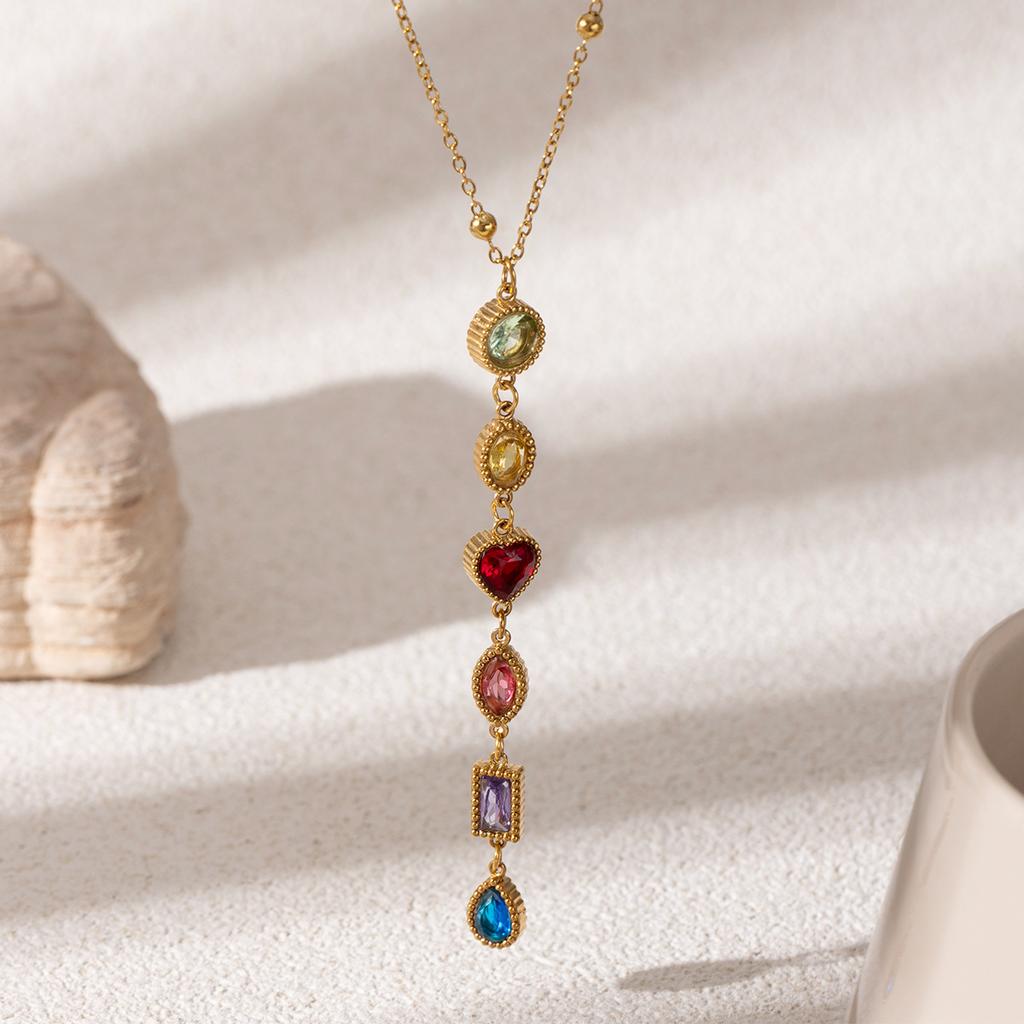 Women's Pendant Necklace Stainless Steel Colorful Zircon Waterproof Non-fading Chains Charms Necklace for Gift