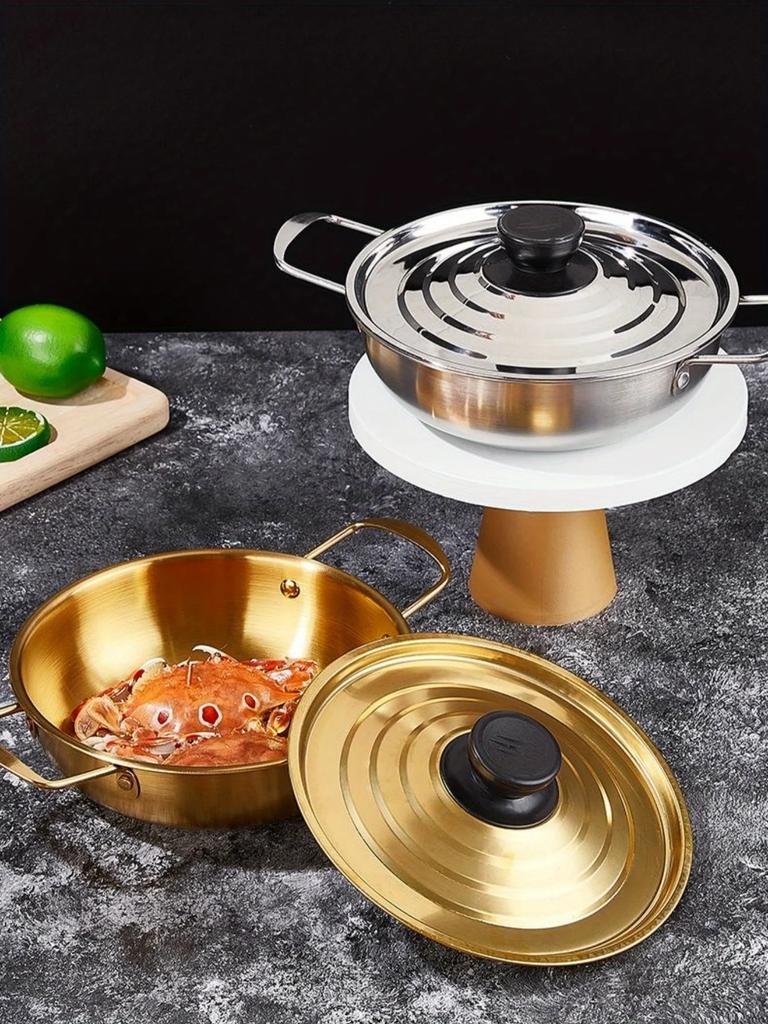 Korean style spiral covered soup pot, stainless steel instant noodle pot, golden hot pot, double ear small pot soup pot milk pot
