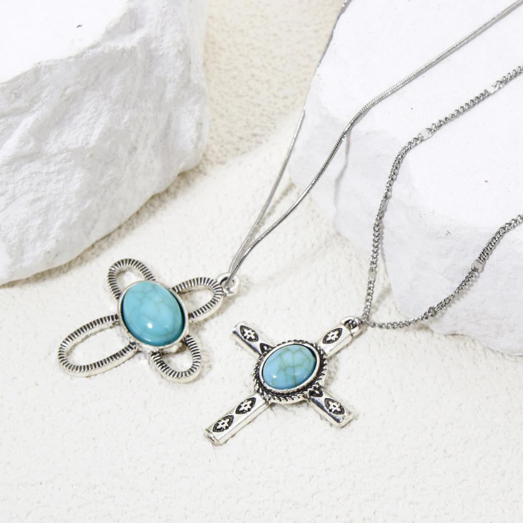 5 PCs Zinc Based Alloy Bohemia Charms Pendants Antique Silver Color Cross With Resin Cabochons Imitation Turquoise Pendants