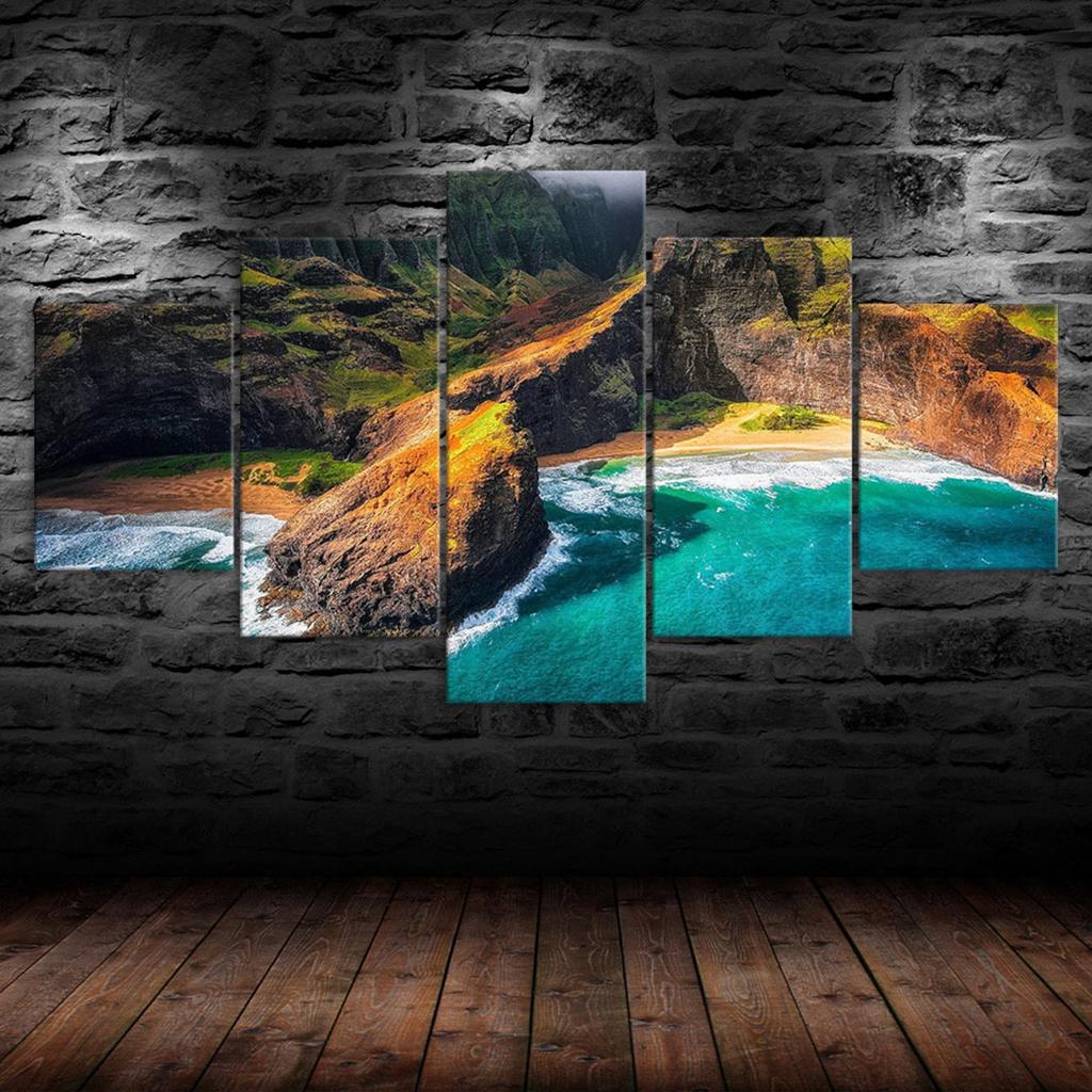 Hawaii Kauai Beach Cliff Scenery 5 Piece Five Panel Wall Canvas Print Modern Art Poster Picture Home Decor Gift For Him For Her
