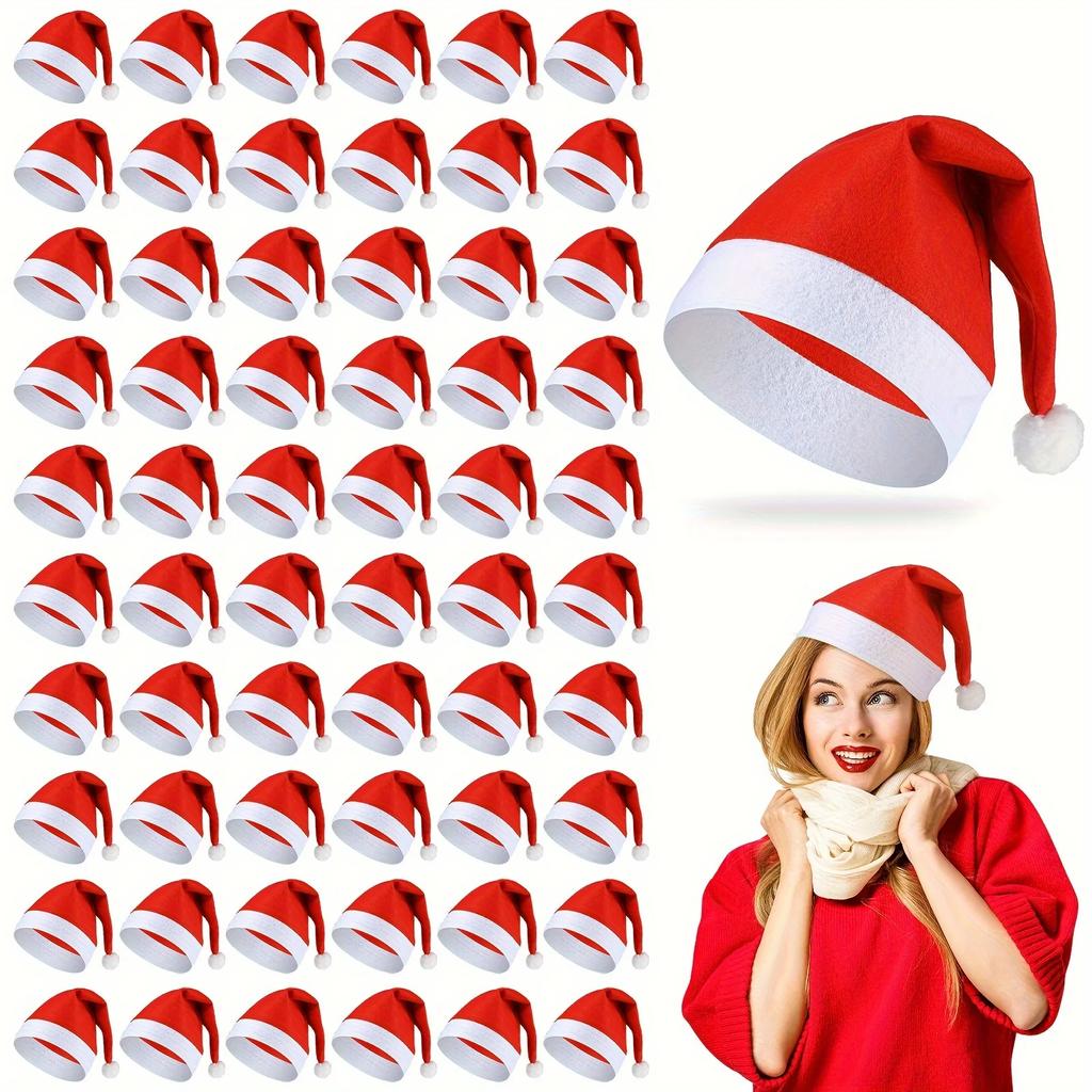 61pcs Christmas Santa Hats Soft Polyester Non-Stretch Fabric Christmas Decorations Gifts for Adults Children Christmas Clothes