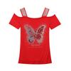 Sexy Damen Einheitslängen Neues Bügel-Diamant-T-Shirt Temperament Mesh-Shirt Raffinierter Schulterfreier Top Sommer