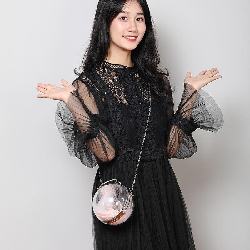 Women's bag new sweet lady transparent feather small round bag personalized shoulder messenger chain dinner bag