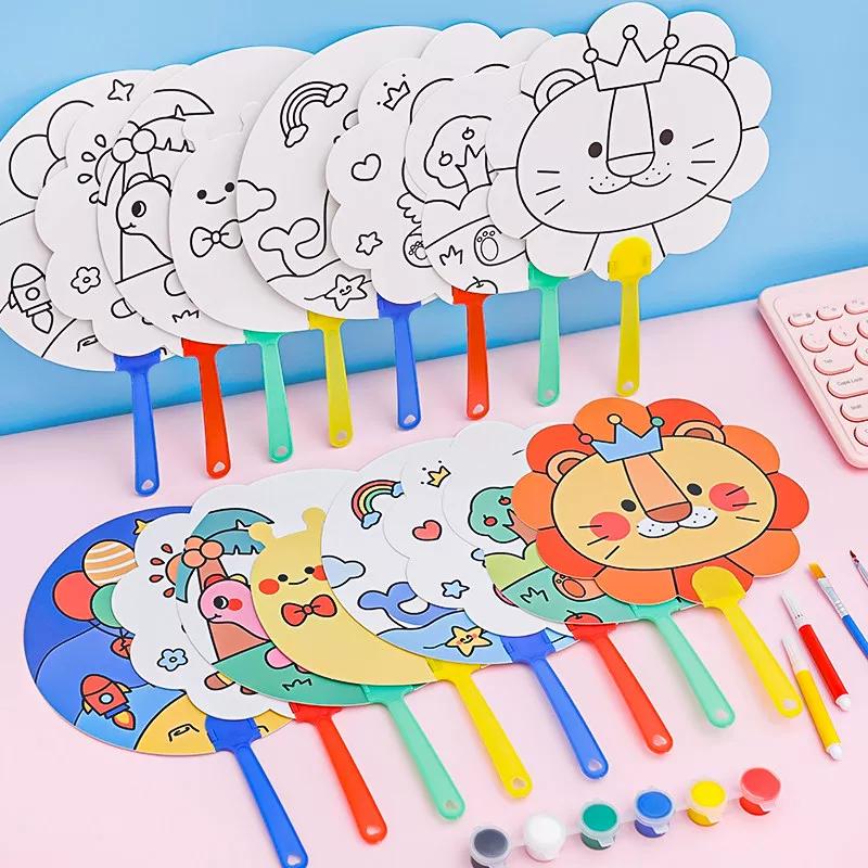 Cartoon DIY Doodle Fan for Children, Cute Hand-Painted Blank Small Fan, Kindergarten Coloring and Painting Plastic Round Fan