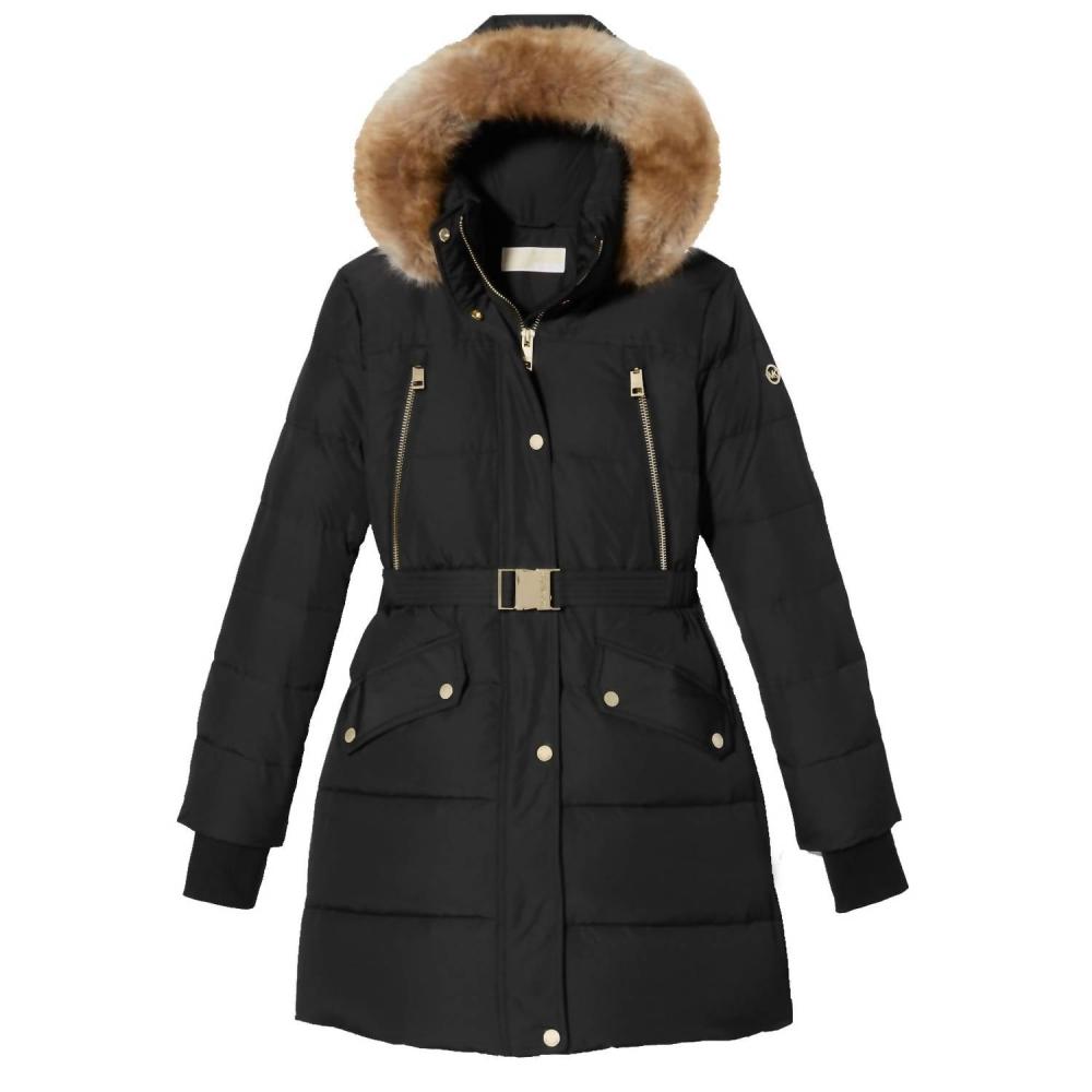 

Черный женский пуховик длиной 3/4 с поясом из искусственного меха MICHAEL KORS
