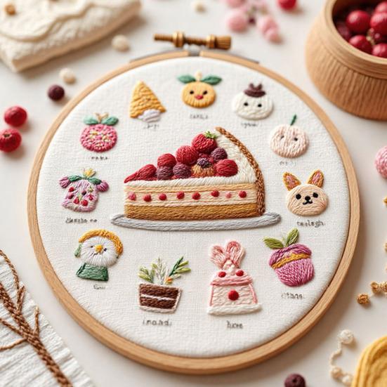 1 Set Cake Embroidery Kit with Hoop Threads Needles Pre-Stamped Dessert Cross Stitch Craft
