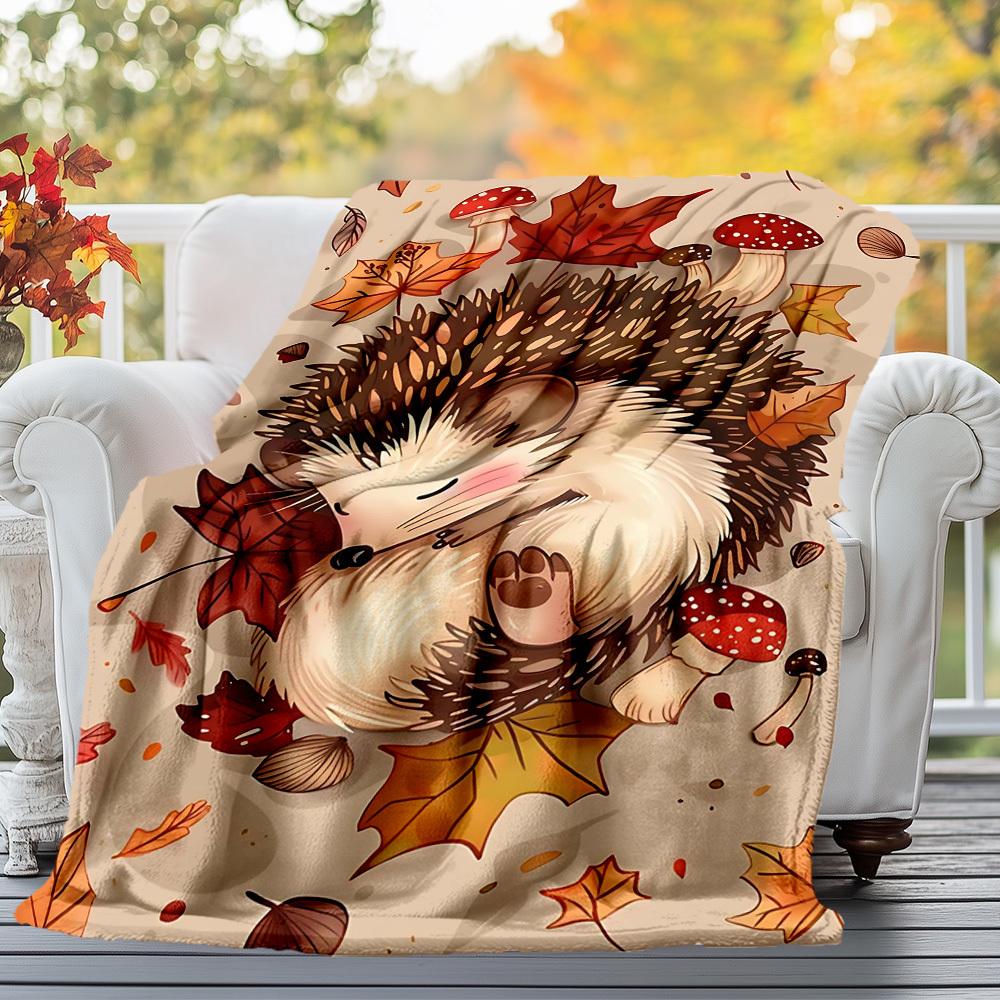 1PC Hedgehog, AutumnOutdoor Flannel Blanket - Soft Plush Decor for Picnics, camping, Bedroom, Playroom, Office, or Lunch Break 1219A