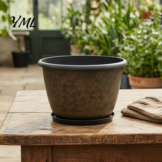 Retro Embossed Plant Pots 12 Inch Thickened Flower for Outdoor Indoor, Plastic Leaf-Pattern Texture Decorative Courtyard Planter with Drainage Hole &