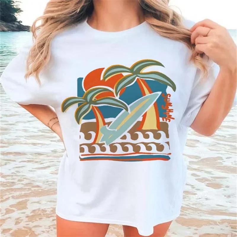 The Art Atmosphere of Tropical Summer Beach Trendy Womens Leisure Printed Pattern TShirt Clothing 90s Short Sleeve Printed TS M