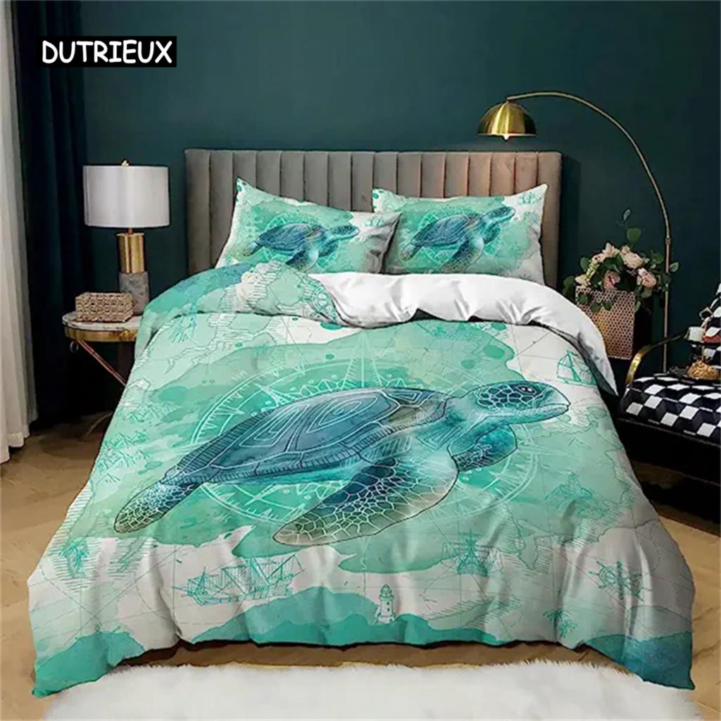 Sea Turtle Duvet Cover Green Blue Ocean Bedding Set Colorful Underwater World for Kids Child Women Nautical Sea Animal Reptile