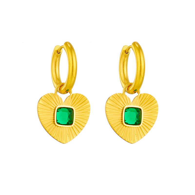Green Zircon Heart Hoop Earrings For Women Gold Plated Stainless Steel Dangle Jewelry