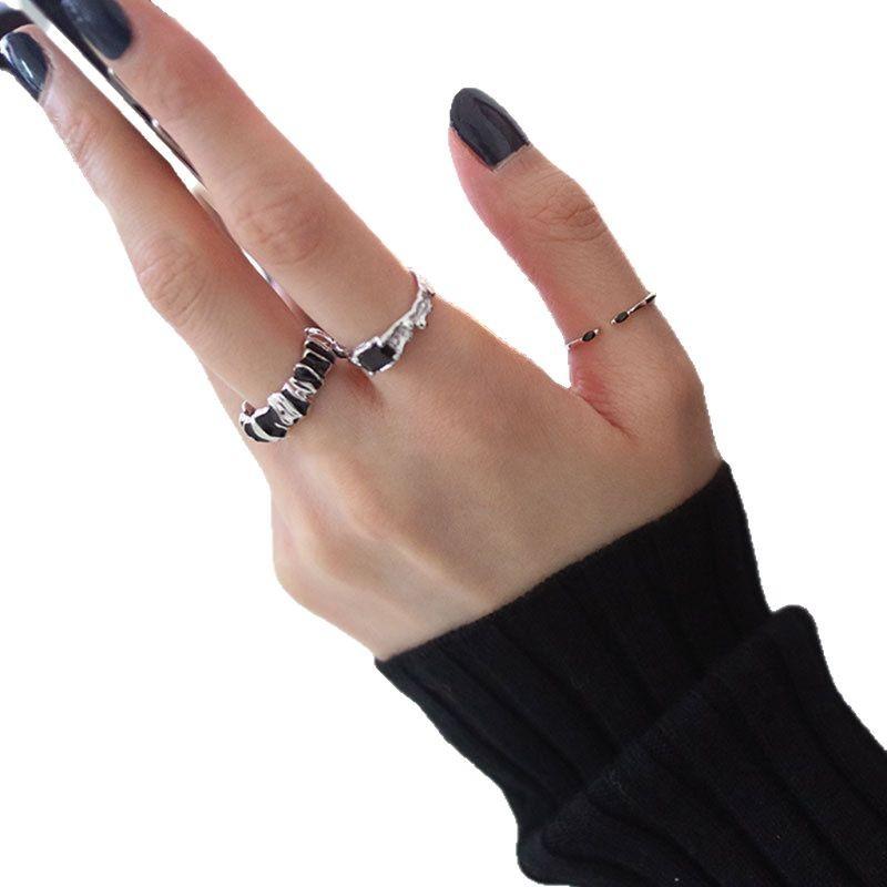 Black Zircon Ring Female Retro Fashion Personality Dark Wind Irregular Stacking Wearing Open Index Finger Ring
