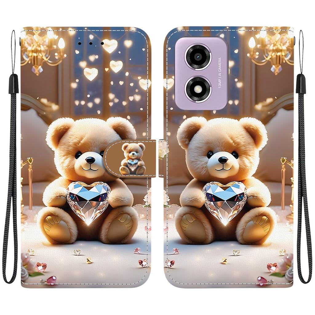 Handmade PU Leather Flip Case for Motorola Moto G04s / Moto E14 Anti-Slip Shockproof Cover with Wrist Strap & Heart/Rose Cat Designs