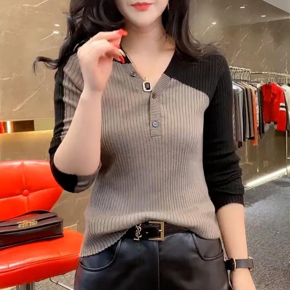 Women's Spring Autumn V-neck Long Sleeve Clothing Pullovers Patchwork Color Blocking Knitting Button Bottoming Shirt
