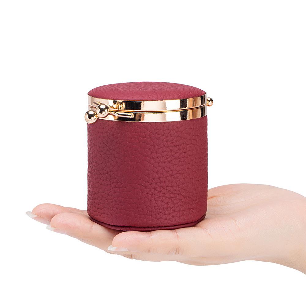 Portable Real Leather Jewelry Travel Wallet Mini Kiss-Lock Cylindrical Storage Box, Compact Organizer for Rings, Earrings, Coins