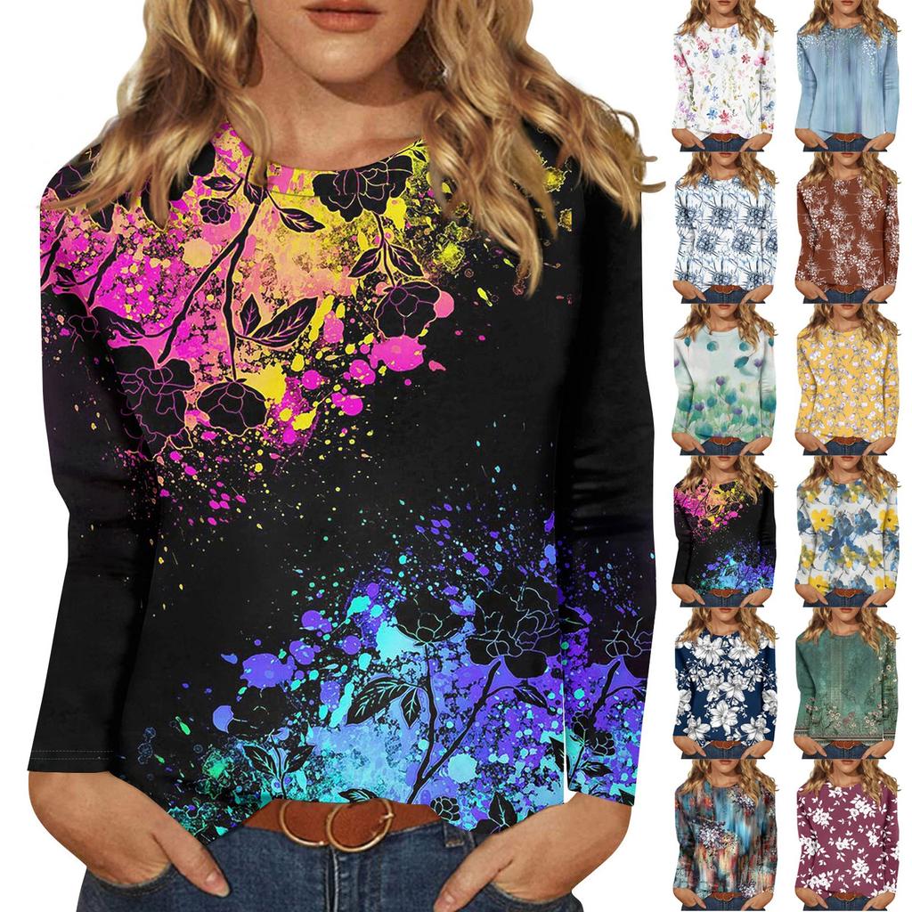 Women's Basic Long-sleeved T-shirt, Round Neck, Leaf Print, Plain Top, Everyday Pullover, Party Gift, Versatile T-shirt