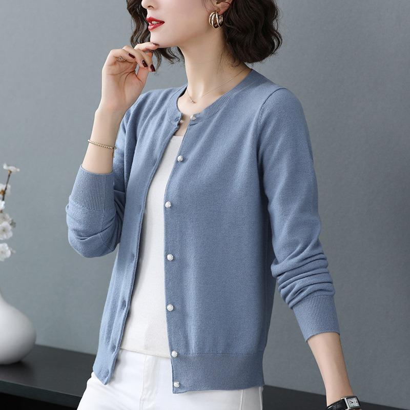 

Весна Осень Женские Кардиганы С Длинными Рукавами Куртка Свободный Корейский Трикотажный Свитер Однотонные Кардиганы С Круглым Вырезом One size