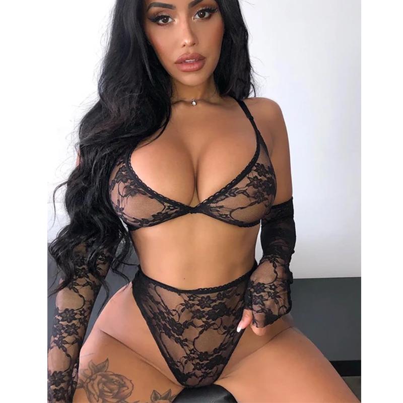 4 Pieces/set Women's Lace Lingerie Set Sexy Underwear Hollow Opening Bra Thong Garter Net Stockings Set Erotic Exotic Underwear