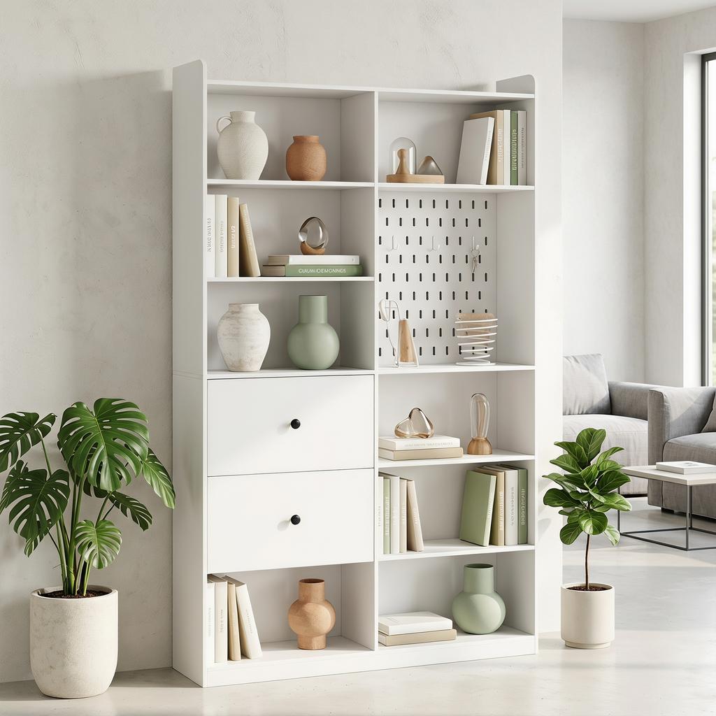 Bookshelf, 6-Tier, 120 x 30 x 200 cm, Storage Unit with 2 Drawers, Perforated Panel, White
