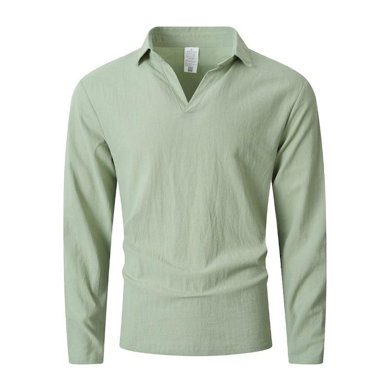 Men's Long Sleeve Linen Blend T-Shirt, Loose Fit Collared Pullover, Breathable Moisture Wicking Casual Spring Fall Top