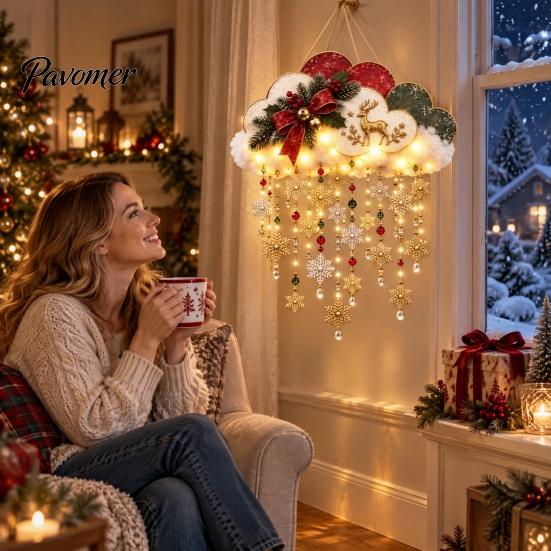 Snow Theme Wall Decor Vintage Lighted Christmas Snowfall Cloud, Cascading Snowflake Light with Reindeer/Angel, Winter Holiday Ornaments LED