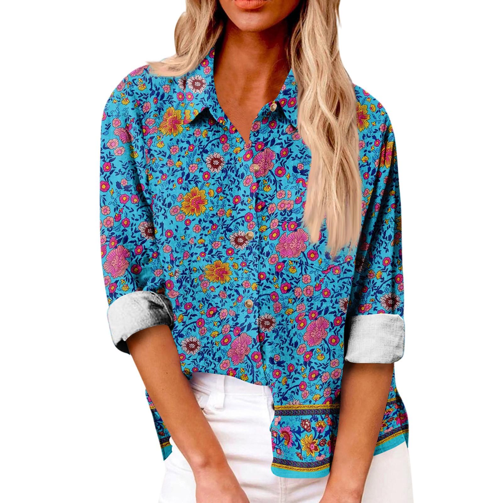 Women s Loose Floral Print Stand Collar Long Sleeve Cotton And Linen Top XXL