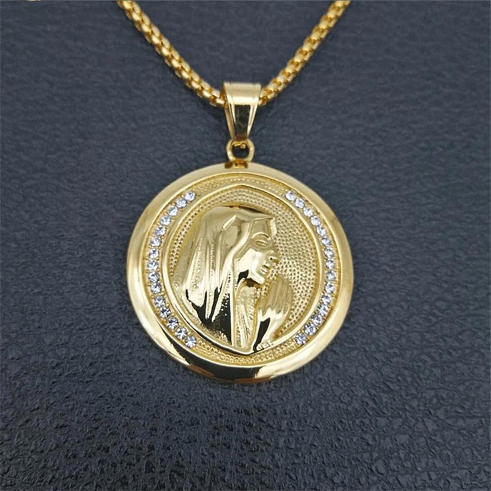 Religious Virgin Mary Pendant Necklaces Female Gold Color Stainless Steel Round Madonna Necklace For Women Jewelry Gift XL1031
