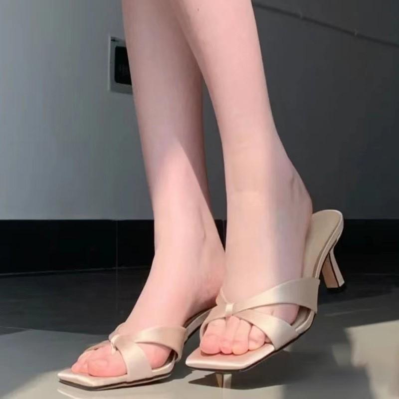 Champagne Color Sandals Woman Summer Slippers Wear It Outside Retro Open Toe Square Toe Stiletto Heel Zapatos Mujer