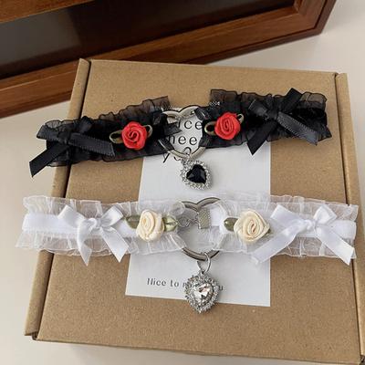 Women Choker Black White Sheer Lace Metal Love Heart Small Flowers Bowknot Sexy Elegant Rhinestone Pendant Club Collar Necklace Daily Wear