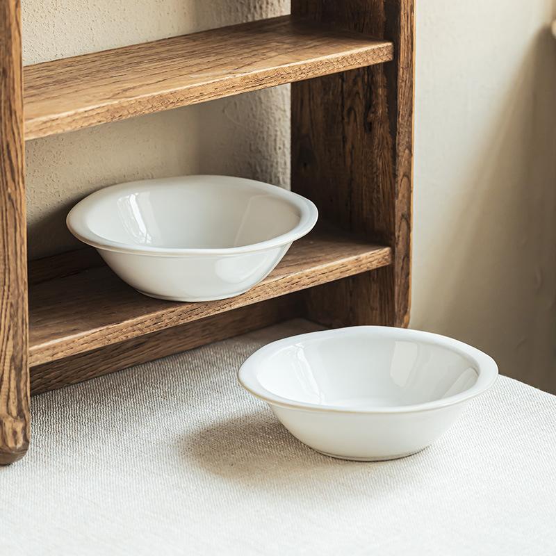 Solid Color High-End Ceramic Straw Hat Bowl Household Special-Shaped Edge Fruit Salad Bowl Tableware Bowl Restaurant Dessert Bowl