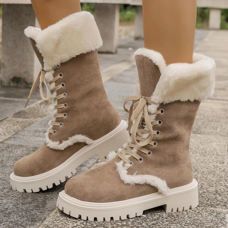 Women Winter Platform Faux Fur Ankle Boots Women Mid-Calf Lace-Up Thicken Plush  Warm Snow Boots Thickened Cotton Women Shoes
