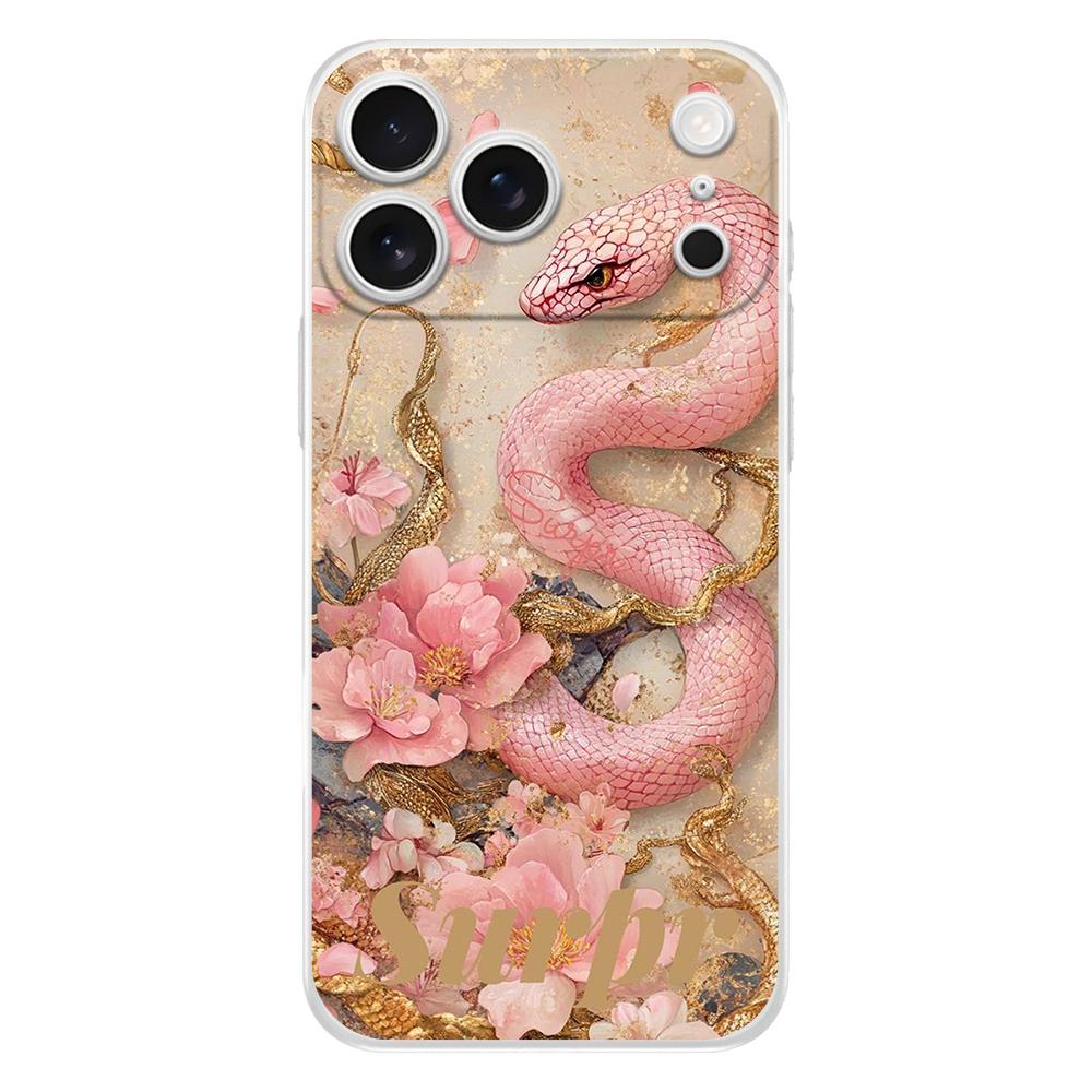 Soft Clear TPU Phone Case For iPhone 17 Air 16E 16 11 15 14 Pro MAX 12 13 7 8 Plus SE Easter Cover Protection Blossom Pink Snake