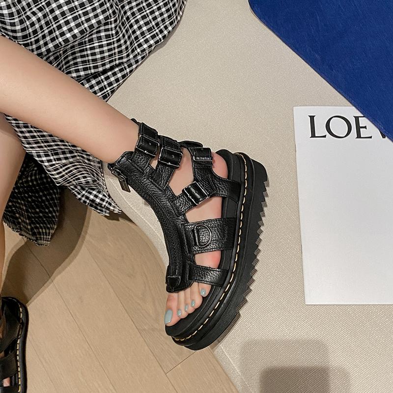 Summer Roman Sandals Fashion Street Black Women's Sandal Gladiator Women Genuine Leather Round Toe Buckle Platform Women's Shoes