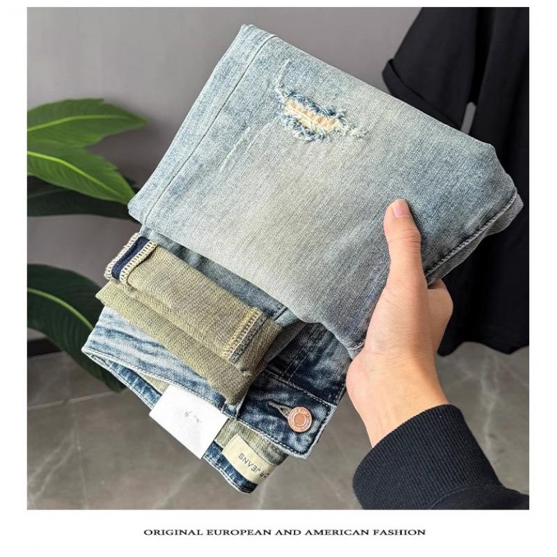 Summer Thin Ripped Patch Jeans Men's High-end Design Sense Printing European Big-name Slim-fitting Small Feet Nine-point Pants