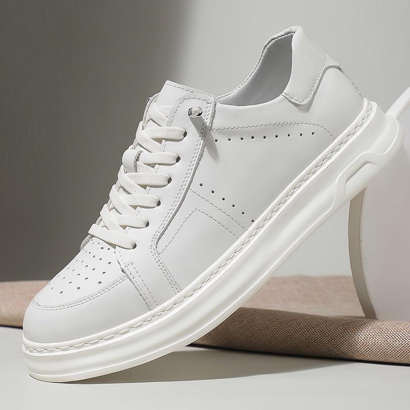 New Shoes for Men Cow Leather Casual Shoes Thick-soled White Flat Skateboard Shoes Youth Slip-on Sneaker