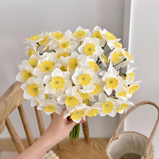 Artificial Narcissus Flowers Bouquet for Home Decor Realistic Silk Fake Daffodils with White Yellow Orange Petals Long-Lasting Spring Decoration for