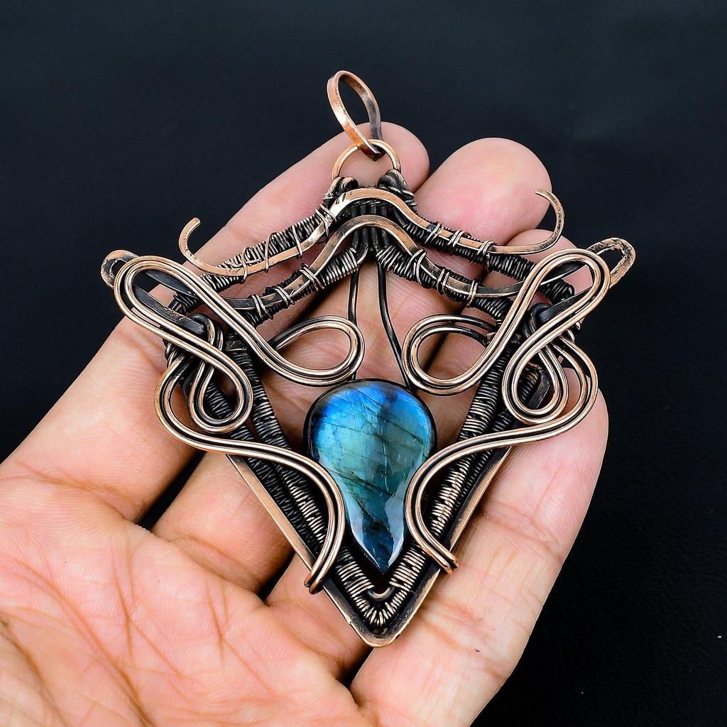 Labradorite Pendant, Handmade Gemstone 999 Copper Wire Wrapped Pendant Antique Jewelry, For Gift Silver Jewelry