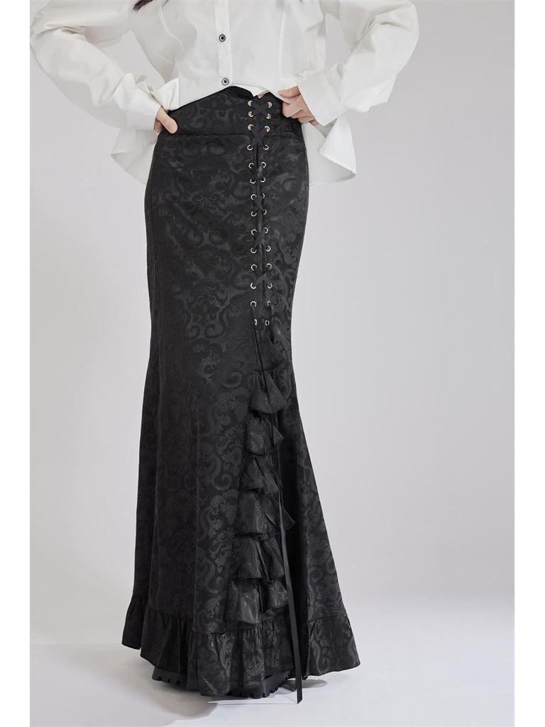 2025 Gothic Victorian Jacquard Fishtail Skirt with Lace-Up Detail