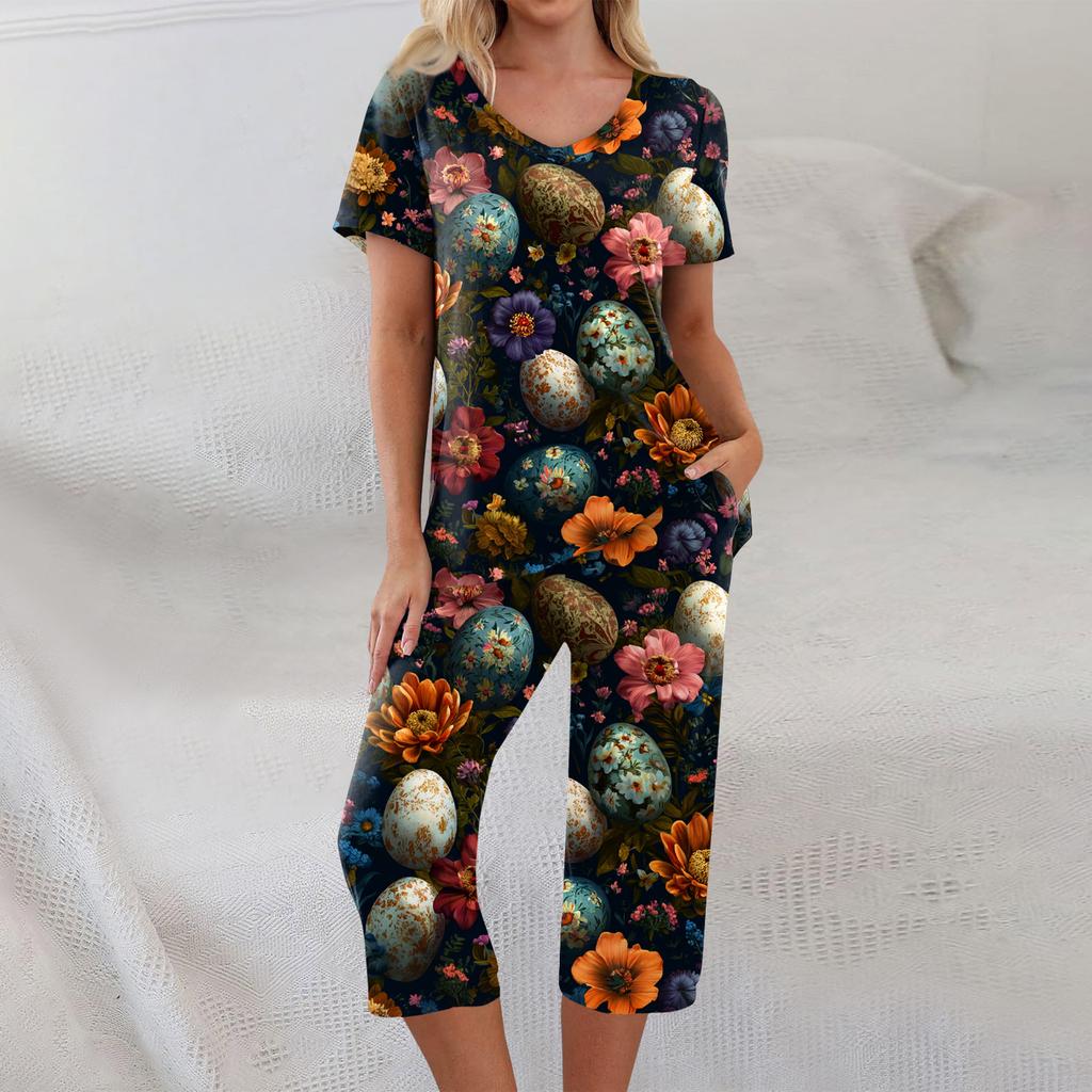 2 Piece Sets For Women Short Sleeve Top And Pants With Pockets Workout Soft  Print Sets