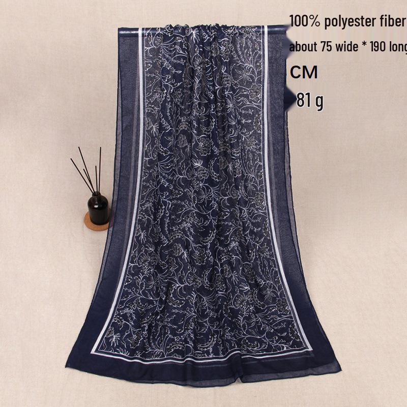 

European & American Style Spring-Autumn Floral Dark Blue Lightweight Scarf Shawl One Size білий/темно-синього кольору