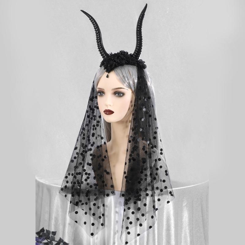 Punk Goat Horn Hairband for Halloween Party Gathering with Flower and Tulle Adult Women Roleplaying Game Accessories