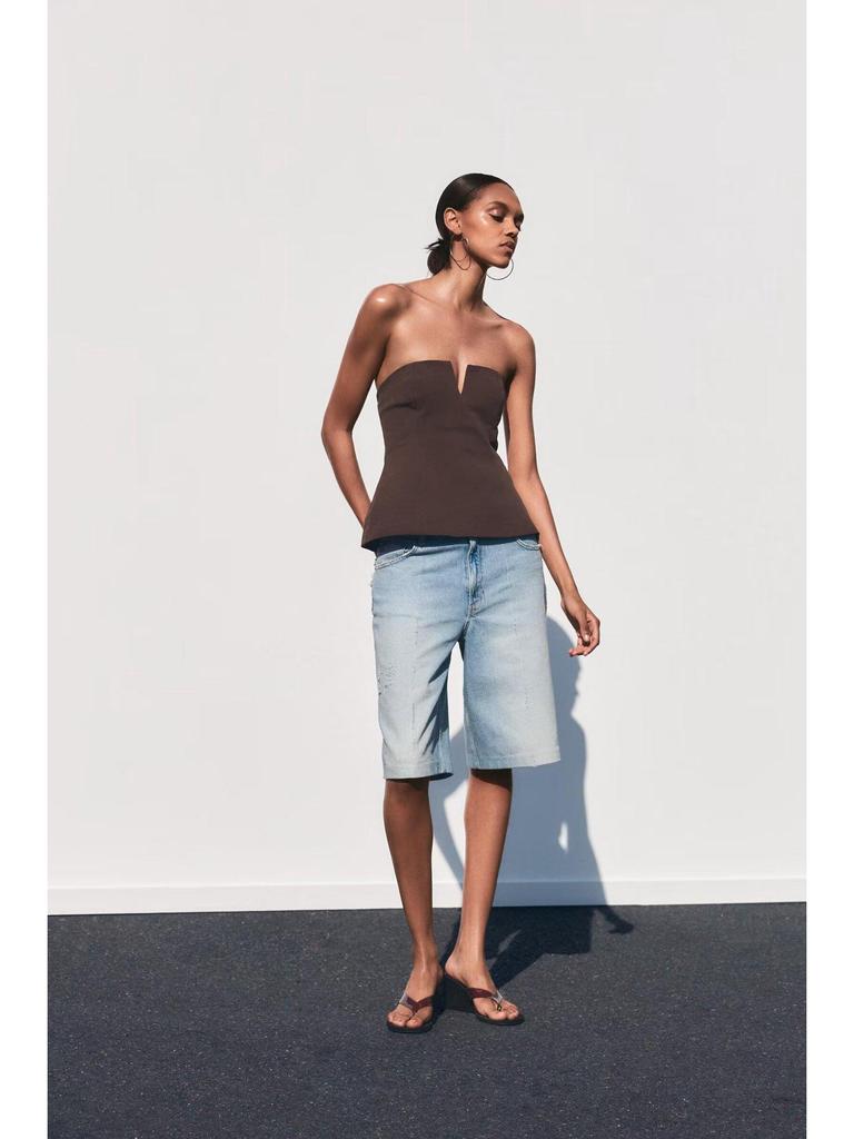 2025 Europäische und amerikanische Damenmode: Vielseitiges einfarbiges ärmelloses trägerloses Oberteil