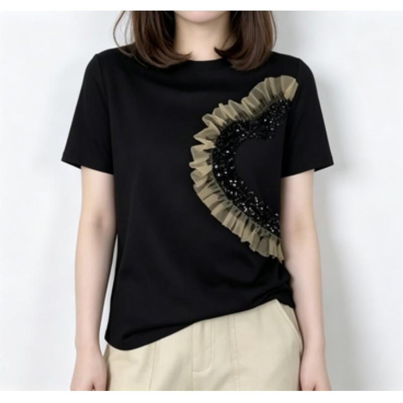 Women Summer Patchwork Sequined Gauze T Shirts ladies Short Sleeve O-neck Tops