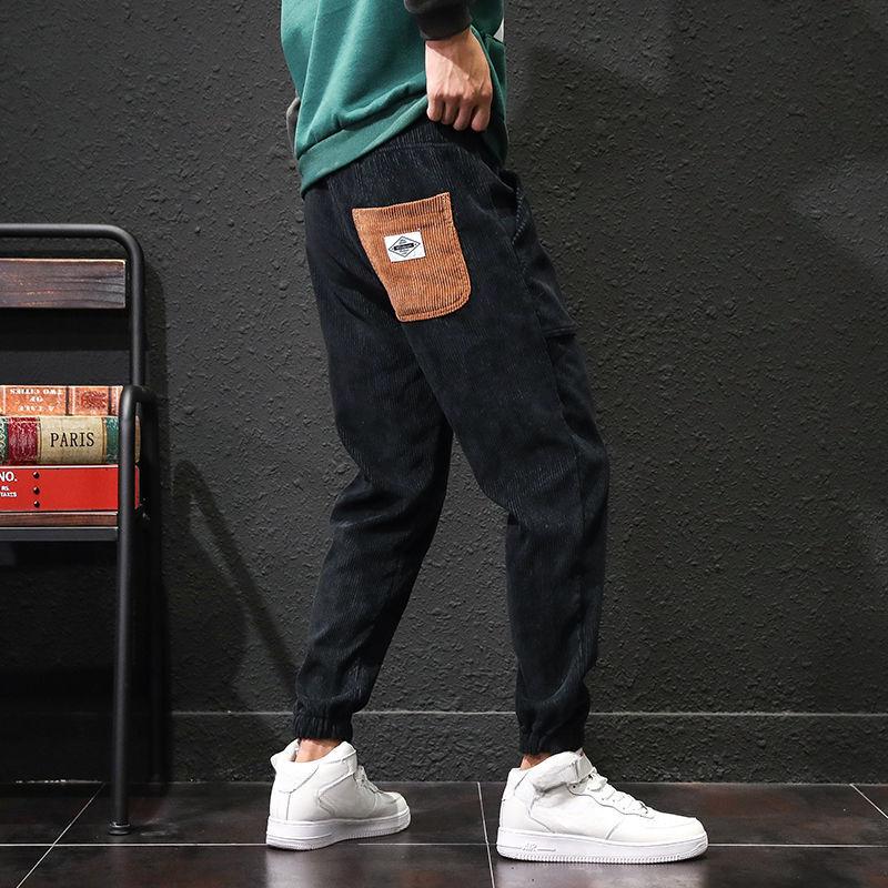 Winter Men Thick Warm Corduroy Sweatpants Men Cargo  Pants Color Matching Fleece Liner Elastic Waist Big Pocket Trousers Loose Sports Harem Pants