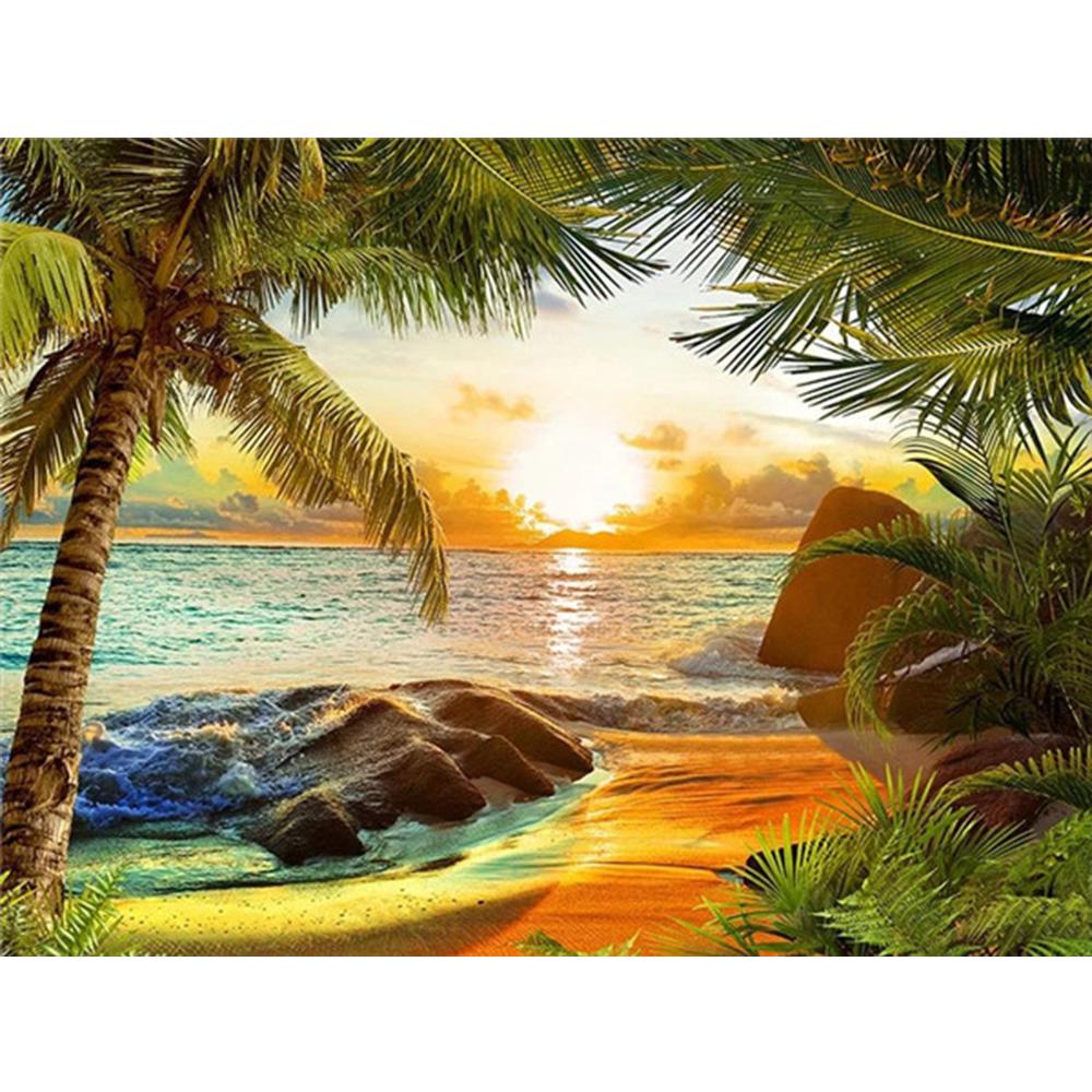 5D Full Square Diamond Painting Seaside Rhinestone Kit Diamond Embroidery Kit Landscape Coconut Tree Handicraft Wall Art