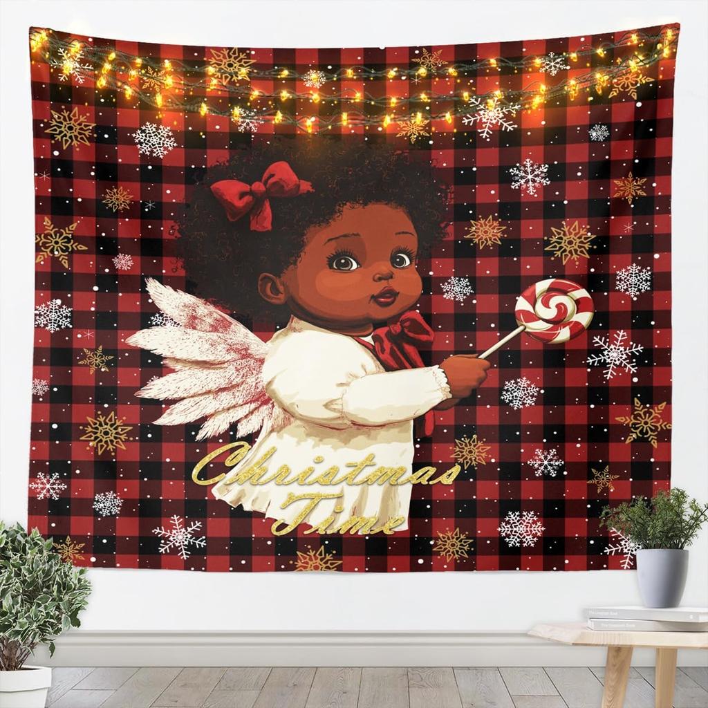 Black Angle Tapestry Christmas African Girl Wall Art for Living Room Bedroom Xmas Snowflake Wall Hanging Blanket Pink Home Decor
