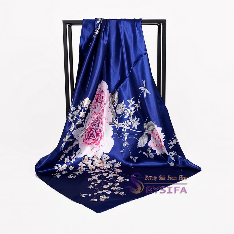 [BYSIFA] Women Rose Silk Scarf Shawl Spring Autumn Large Orange Green Square Scarves Wraps New Design Ladies Head Scarf Cape