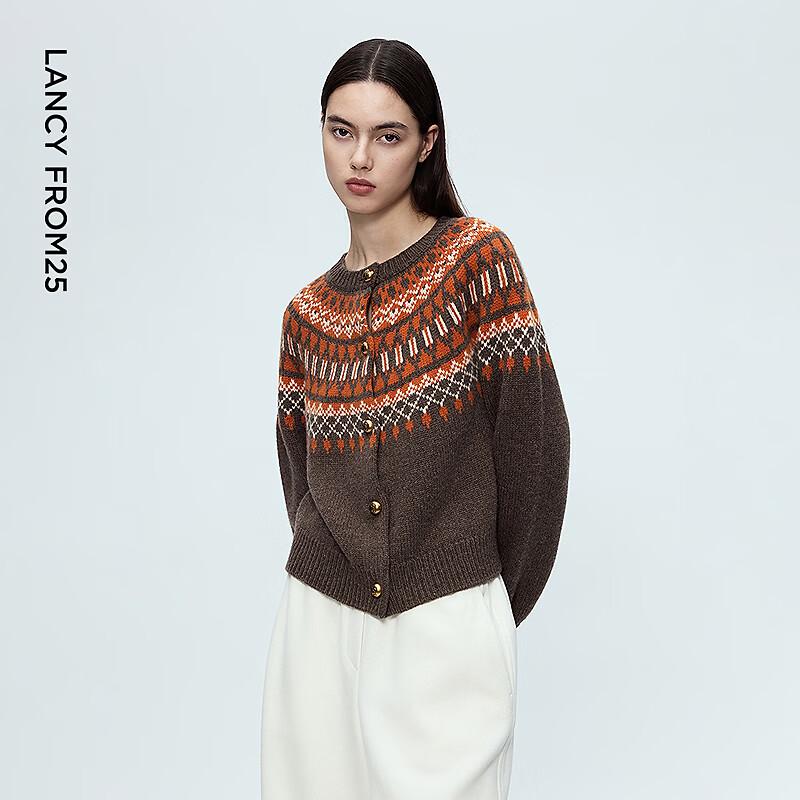 LANCY Wool Fair Isle Color Block Knit Cardigan